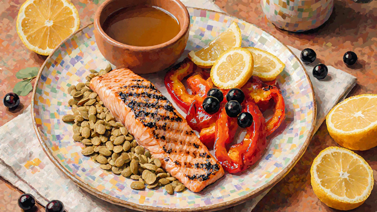 Talíř s lososem, paprikou a semínky dýně symbolizující přírodní doplnění kolagenů.