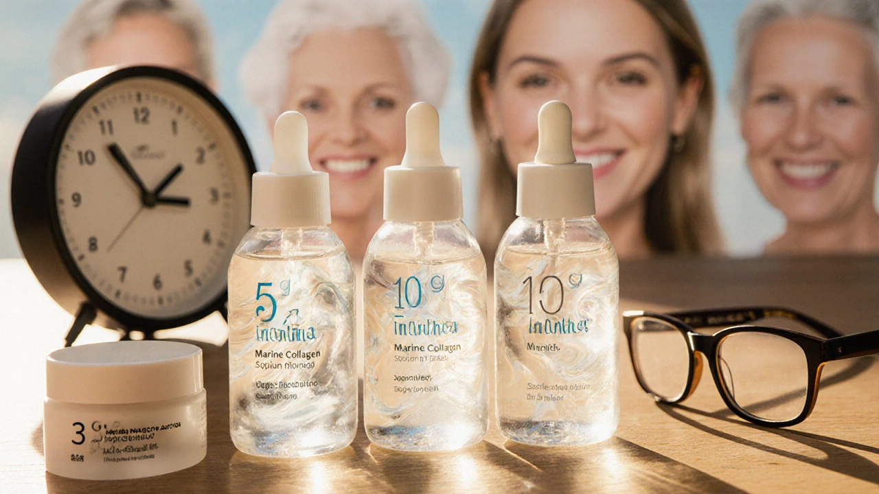 Tři lahve kolagenu s různými dávkami na stole vedle krému na slunce a hodinami.