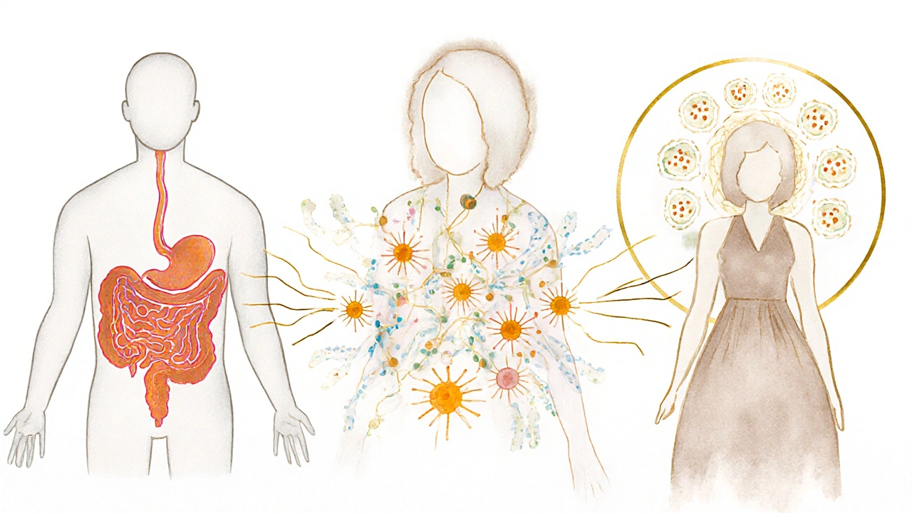 Tři postavy symbolizující vliv laktobacilů na trávení, imunitu a ženské zdraví.