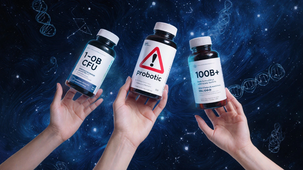 Tři probiotické lahve s různými dávkami CFU ve vesmírném prostředí s mikrobiálními hvězdami