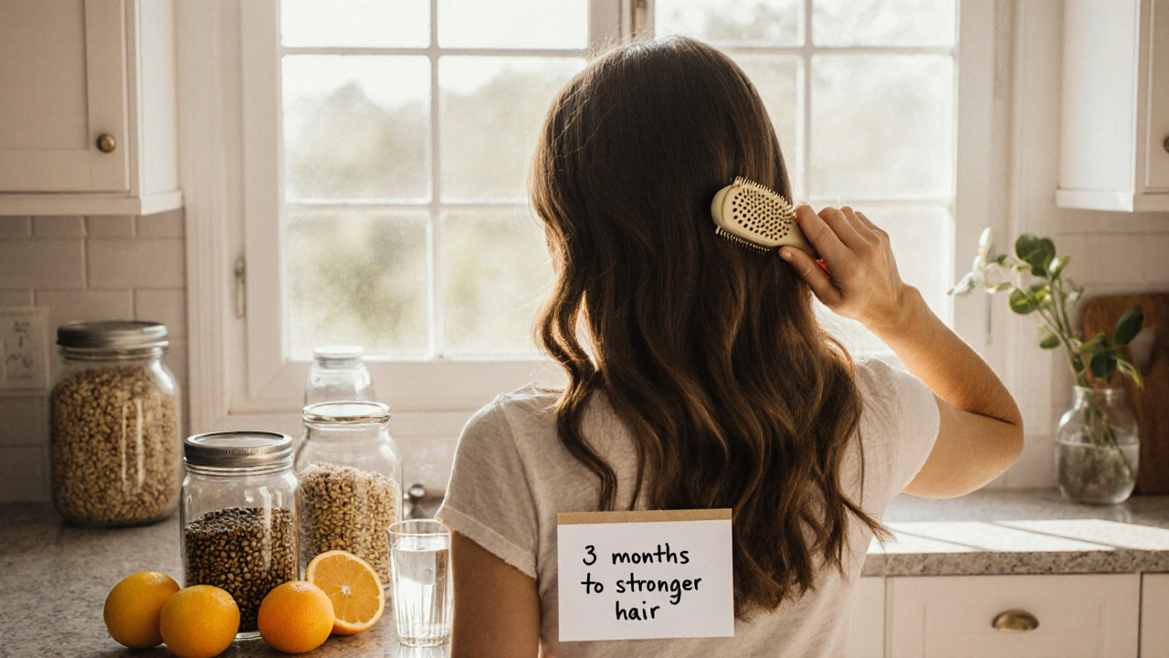 Žena s lesklými vlasy v kuchyni s potravinami pro jejich péči