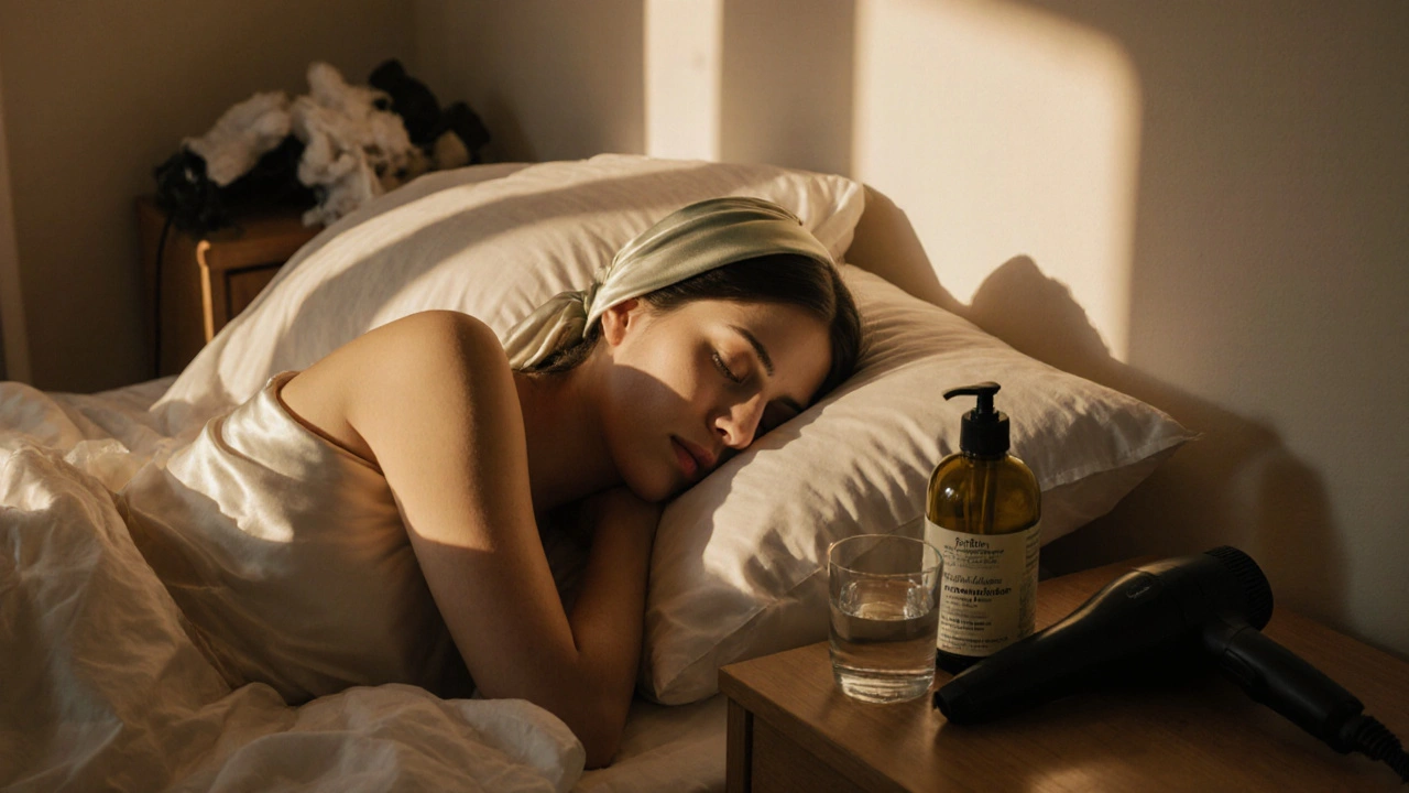 Žena spí s vlasy zabalenými do hedvábného šátku, na nočním stole silikonový polštář a přírodní šampon.