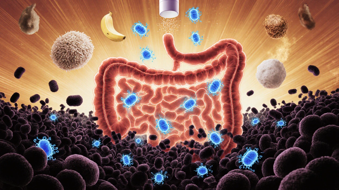 Živý obraz střev s osvětlenými laktobacily obnovujícími rovnováhu po antibiotikách.