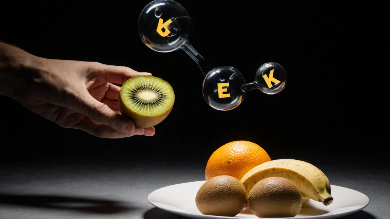 Zlaté kiwi a jojoba plody vedle banánu a pomeranče s molekulami vitamínů