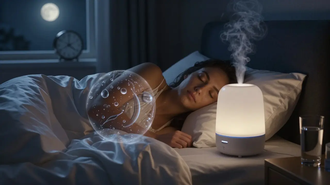 Člověk spí na hedvábném polštáři s vlhčičem vzduchu v pozadí.