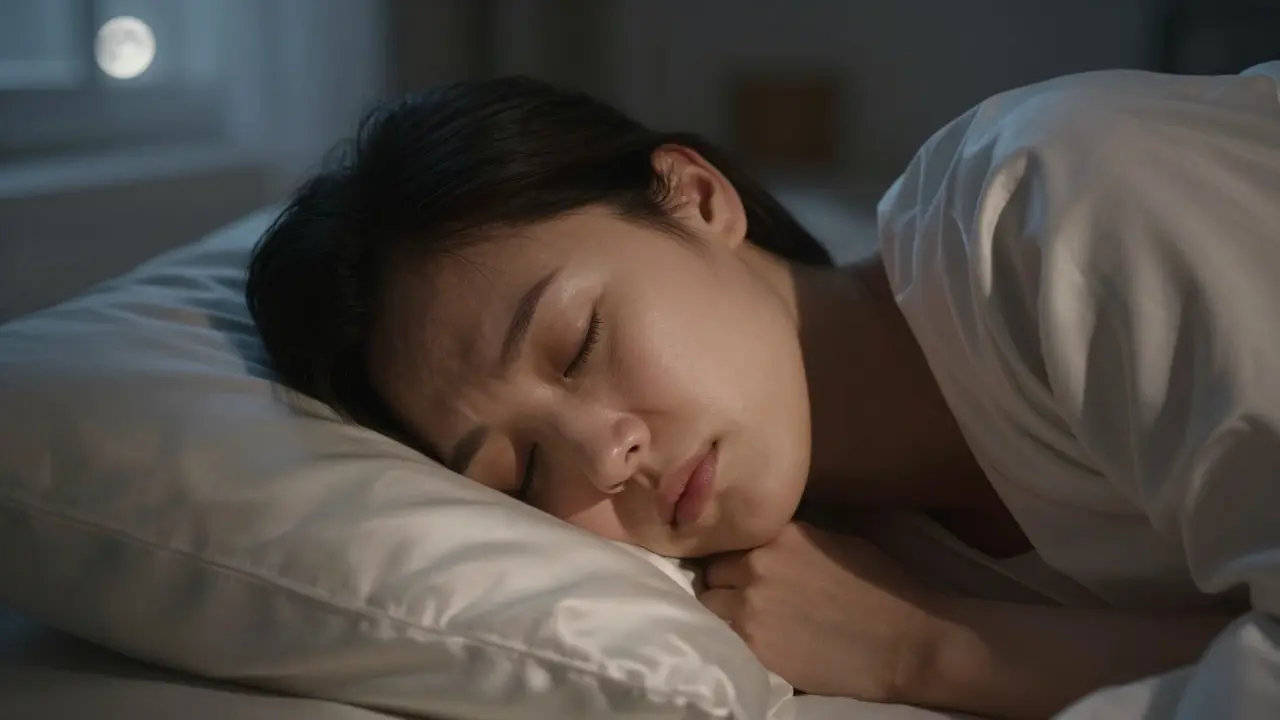 Člověk spící na boku s hlubokými vráskami na tváři, vedle něj leží hedvábný polštář jako řešení.