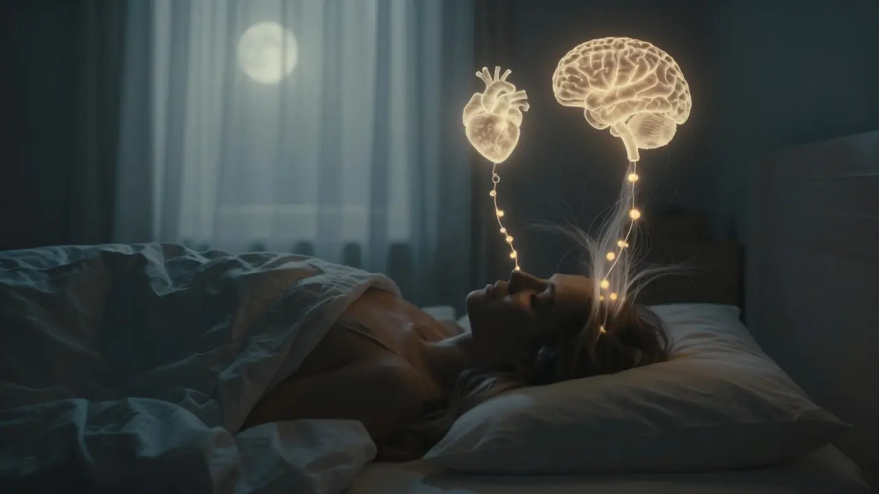 Člověk spící s vlasovými vlákny rostoucími z jeho hlavy, spojenými s výživou.