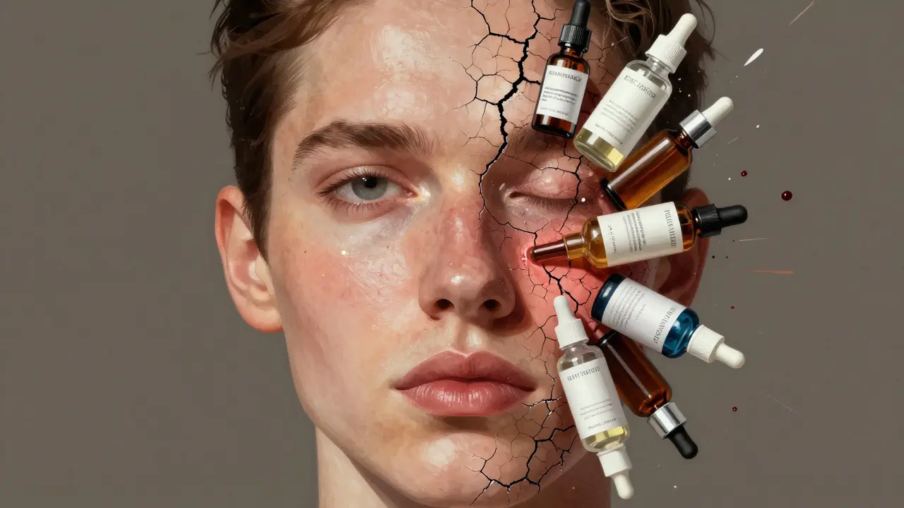 Dvě poloviny obličeje: jedna zdravá a zářící, druhá poškozená příliš mnoha agresivními skincare produkty.