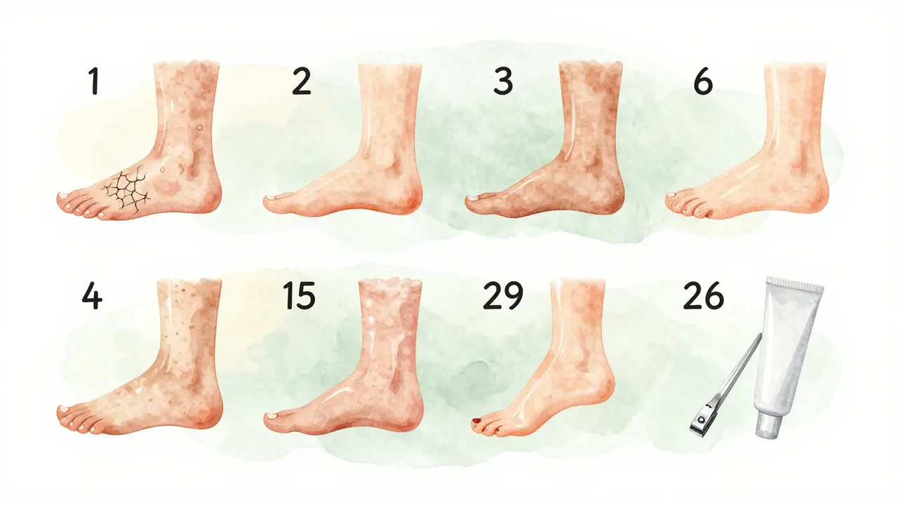 Kalendář s označenými 4–6 týdenními cykly péče o nohy v jemných vodových barvách.