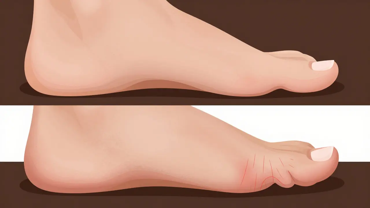 Křížový pohled na zdravou a nemocnou nohu s viditelnými problémy jako ztuhlá kůže a zakřivený nehet.