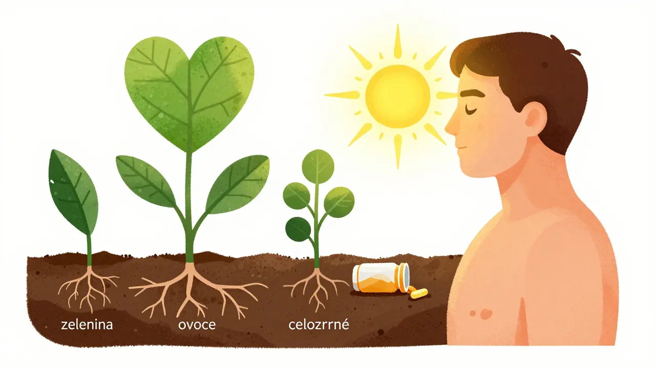 Lidské tělo jako zahrada s kořeny z potravin a nevyužitým multivitamínem.