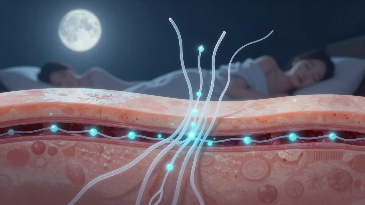 Mikroskopický pohled na obnovu kůže během spánku s kolagenem a vitamínem C.
