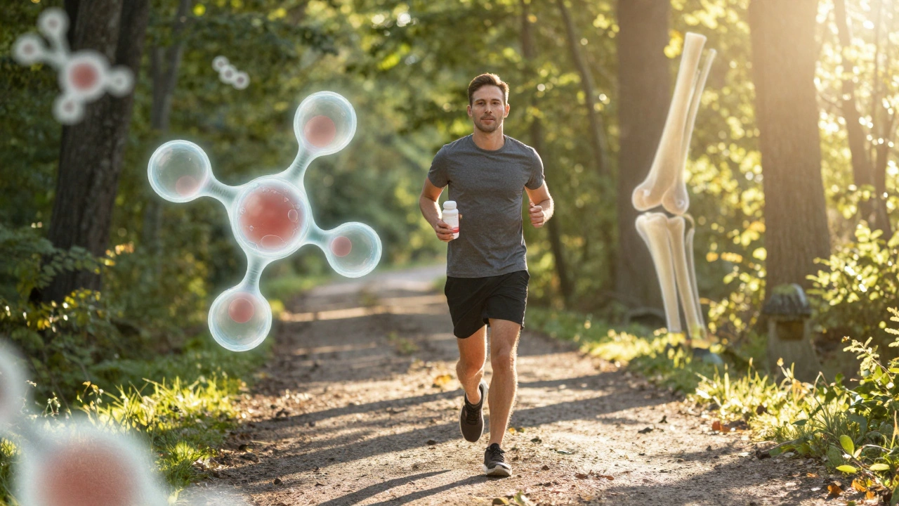 Osoba běžící na trase s láhev kolagenu, kolem ní průhledné molekuly podporující klouby.