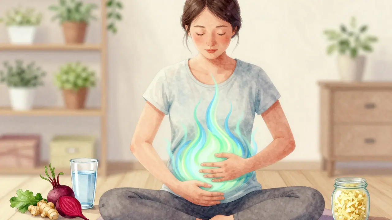 Osoba klidně dýchá, okolo ní symboly přirozeného uklidnění žaludku.