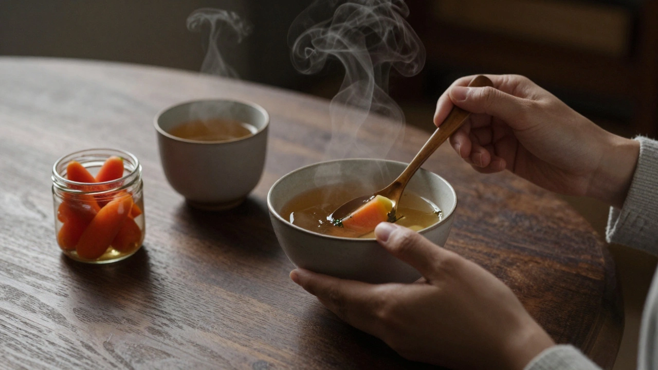 Osoba pije vývar z kostí večer s čajem a kvašenou mrkví