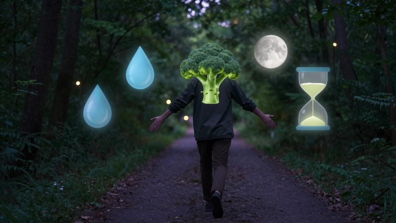 Osoba procházející lesem v soumraku, kolem ní plavou symboly detoxikace.