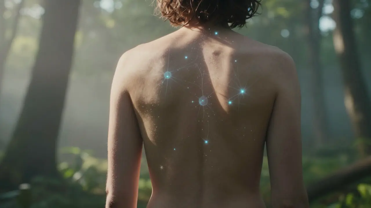 Osoba ve slunečném lese, kde UV záření aktivuje výrobu vitamínu D v kůži.