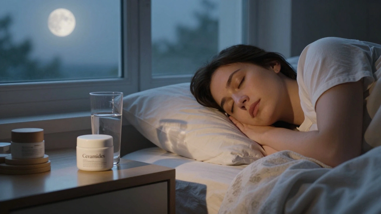 Pokoj v tichém večeru s osobou spící a jednoduchou pleťovou krémem na nočním stolku.