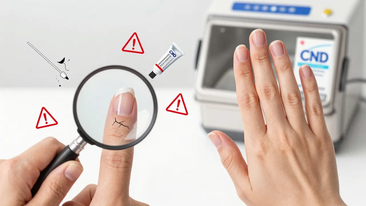 Porovnání poškozeného přirozeného nehtu s zdravým nehtem v kvalitním salonu, s výraznými symboly nehygieny a certifikace.