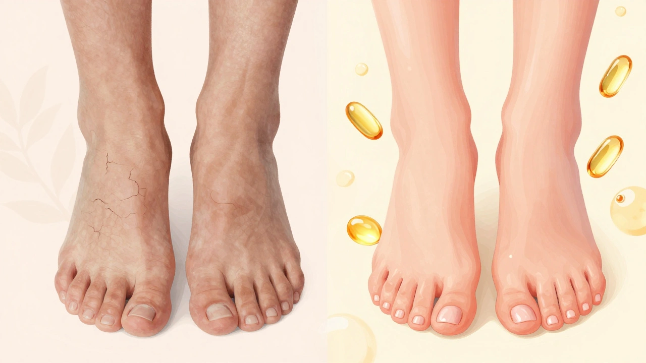 Před a po: suchá kůže a nehty přeměněny na hladkou, zdravou kůži a lesklé nehty.