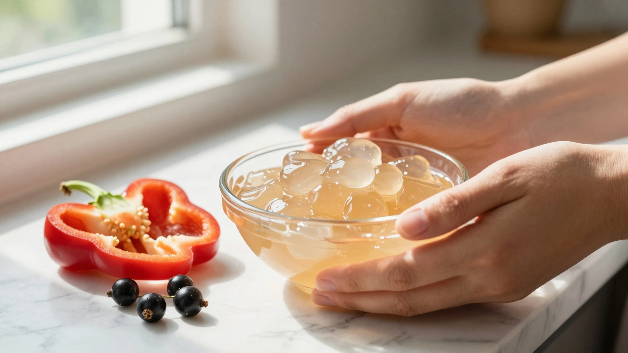 Průhledná želé z kostí s červenou paprikou a černou rybízem na mramorové desce.