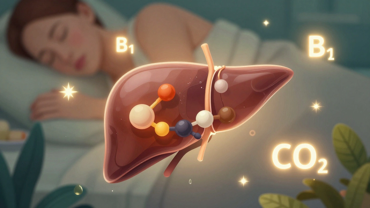 Průhledný obraz jater s rozkladem alkoholu na bezpečné látky a živinami.