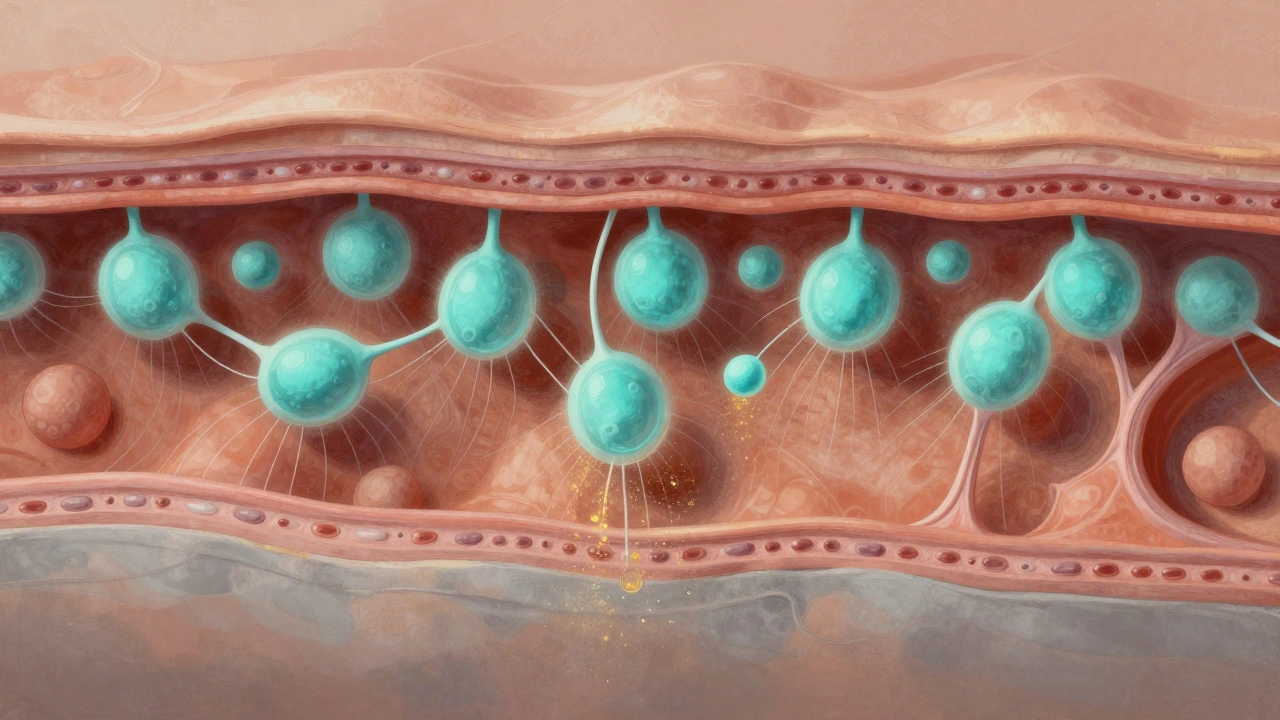 Průřez kůže s fibroblasty vyrábějícími kolagen, s přechodem od zdravé k suché pleti.