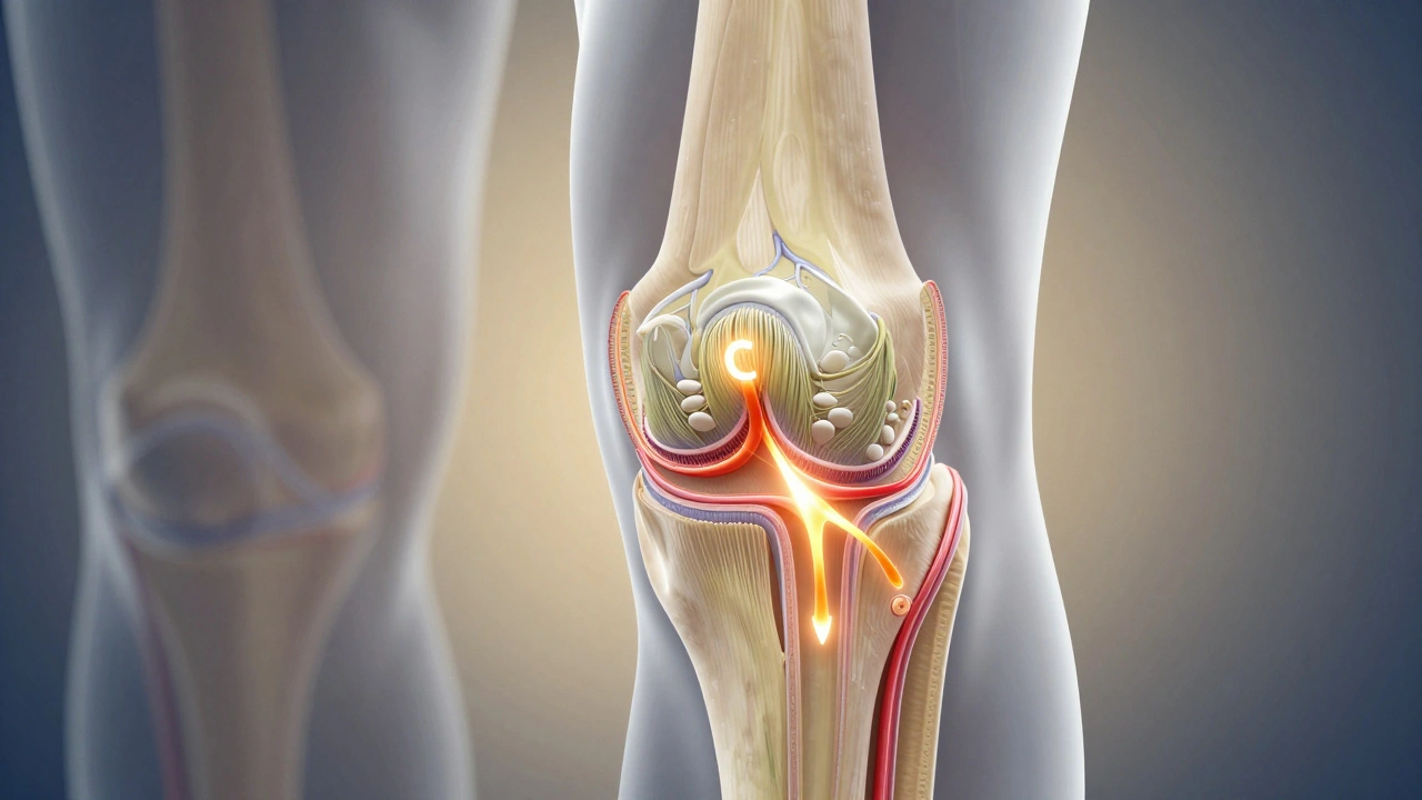 Průřez lidského kolenního kloubu s regenerujícími kolagenovými vlákny a živinami.