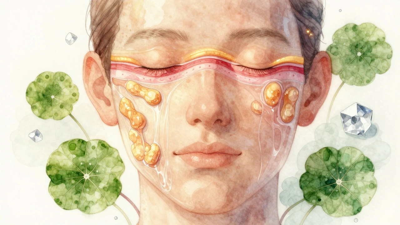 Průřez pokožkou s vnitřními látkami, které pomáhají zklidit zánět a obnovit bariéru.