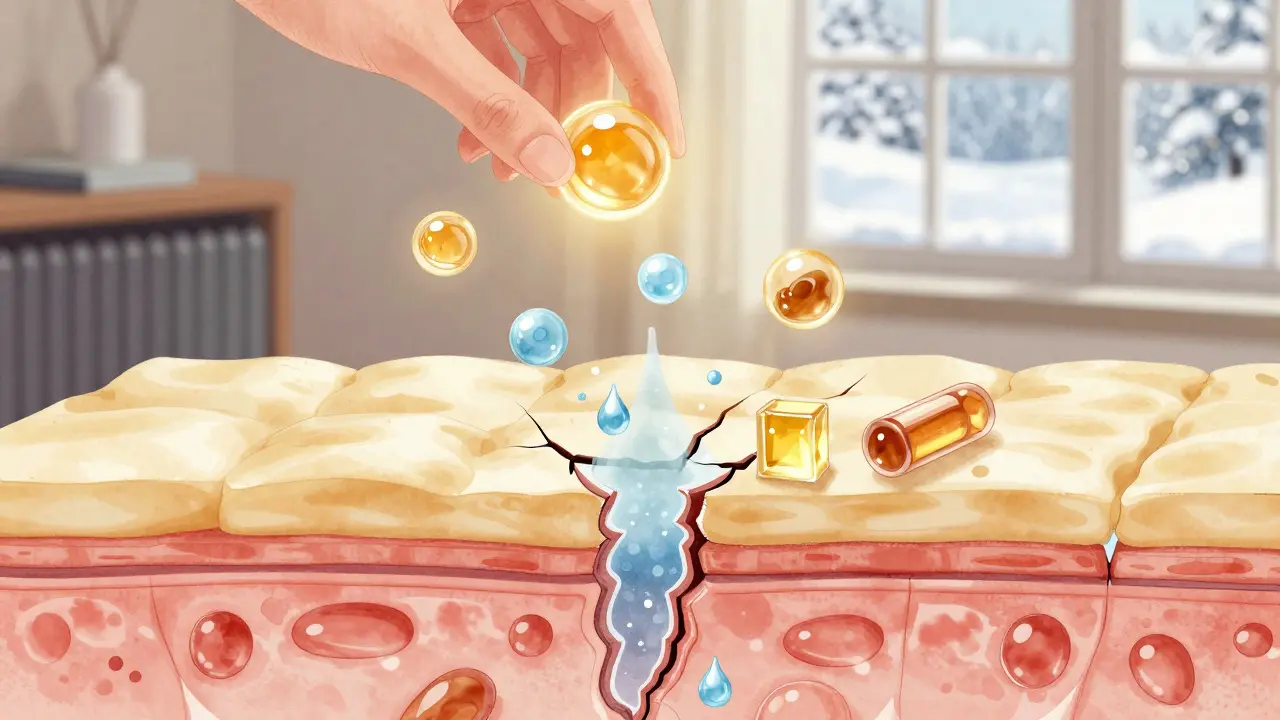 Řez pokožkou s unikající vodou a obnovujícími látkami.