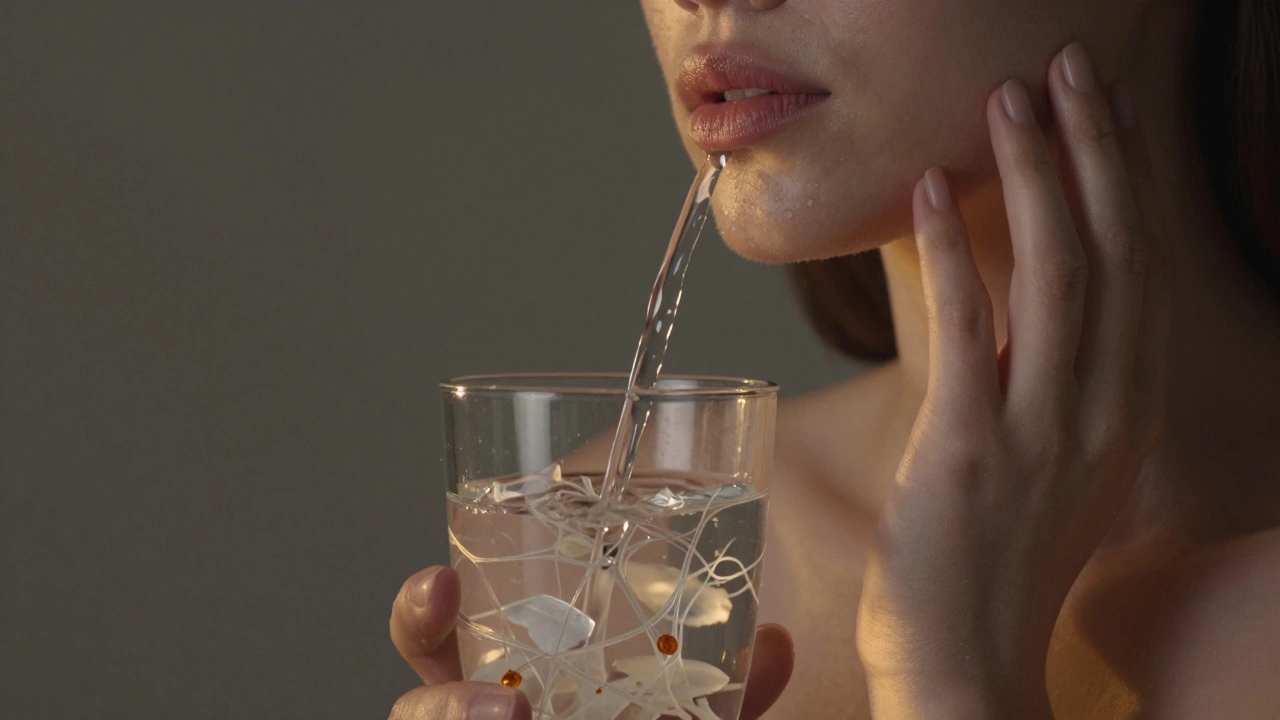 Ruka dotýkající se tváře, kde z vody vystupují kolagenové sítě do kůže.