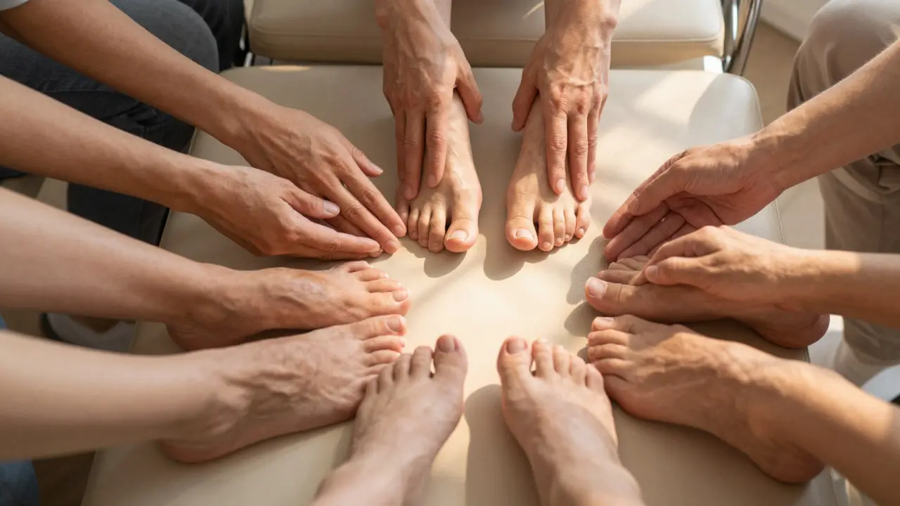 Různé nohy směřují k pedikúrní židli, symbolizující různé potřeby péče o nohy u různých lidí.