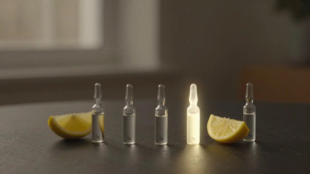 Sedm skleněných nádob s kolagenem uspořádaných do tvaru měsíce jako symbol pravidelnosti.