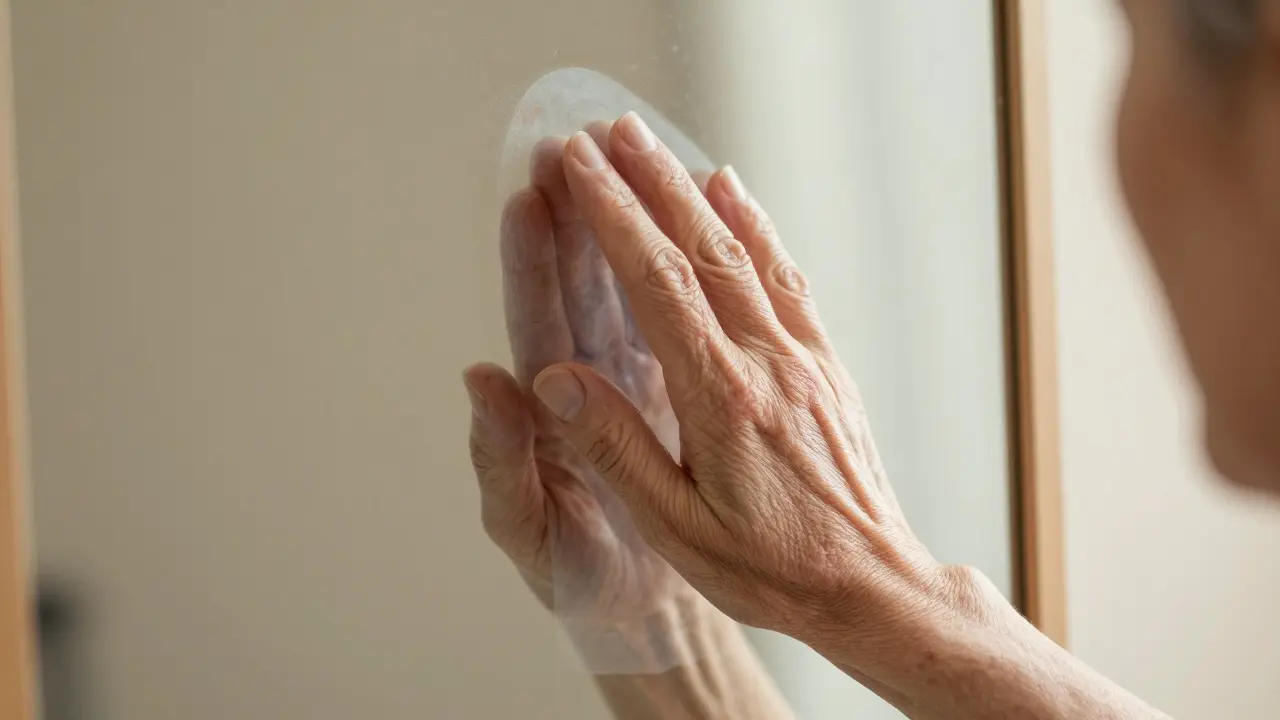 Starší ruka se dotýká zrcadla, znázorňující postupné ztenčení kůže s věkem.