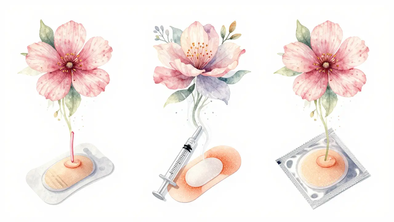 Tři metody antikoncepce se mění v květy, znázorňující návrat přirozeného cyklu.