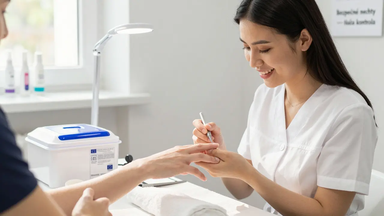 Vietnamská technička aplikuje gel na zdravé nehty v čistém salonu s sterilizovanými nástroji a EU-certifikovanými produkty.