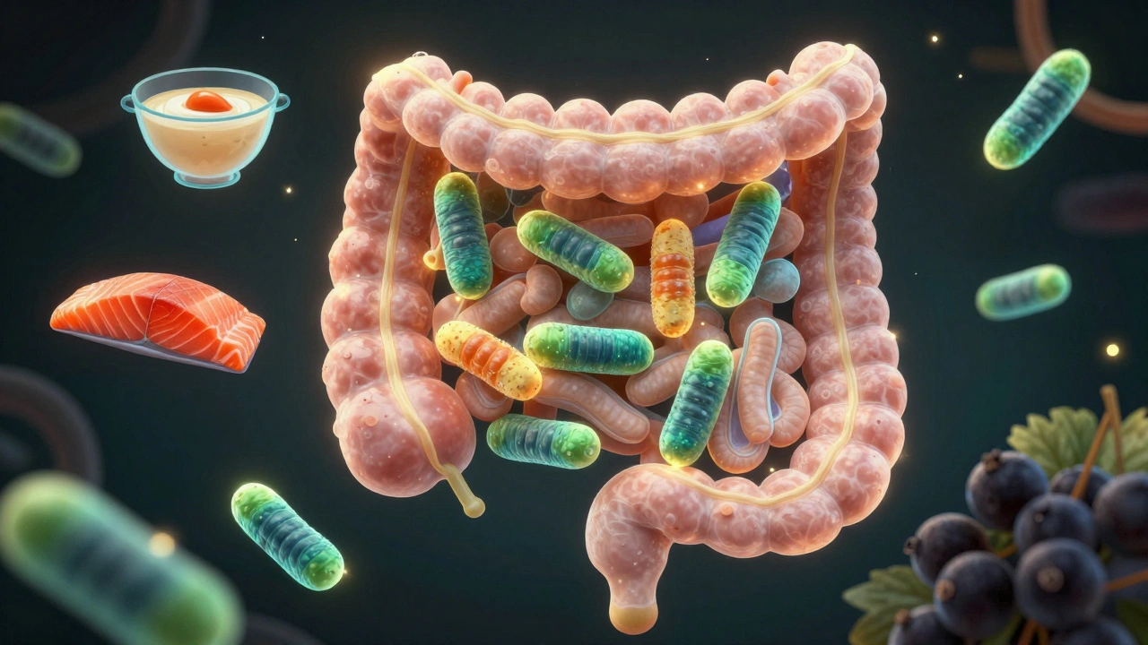 Vnitřní pohled na střevo s živými laktobacily a zdravými potravinami