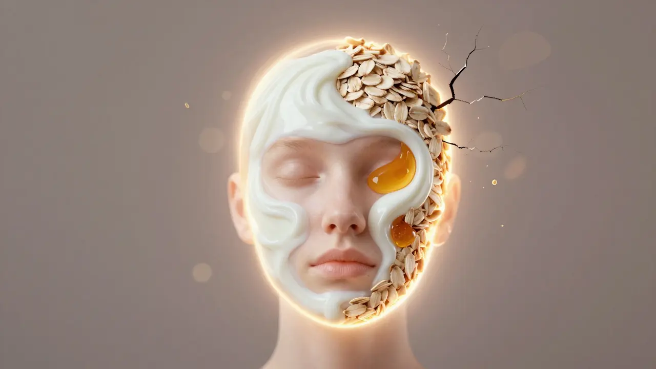 Zářící obličej obklopený přírodními ingrediencemi jako znamení obnovy pokožky