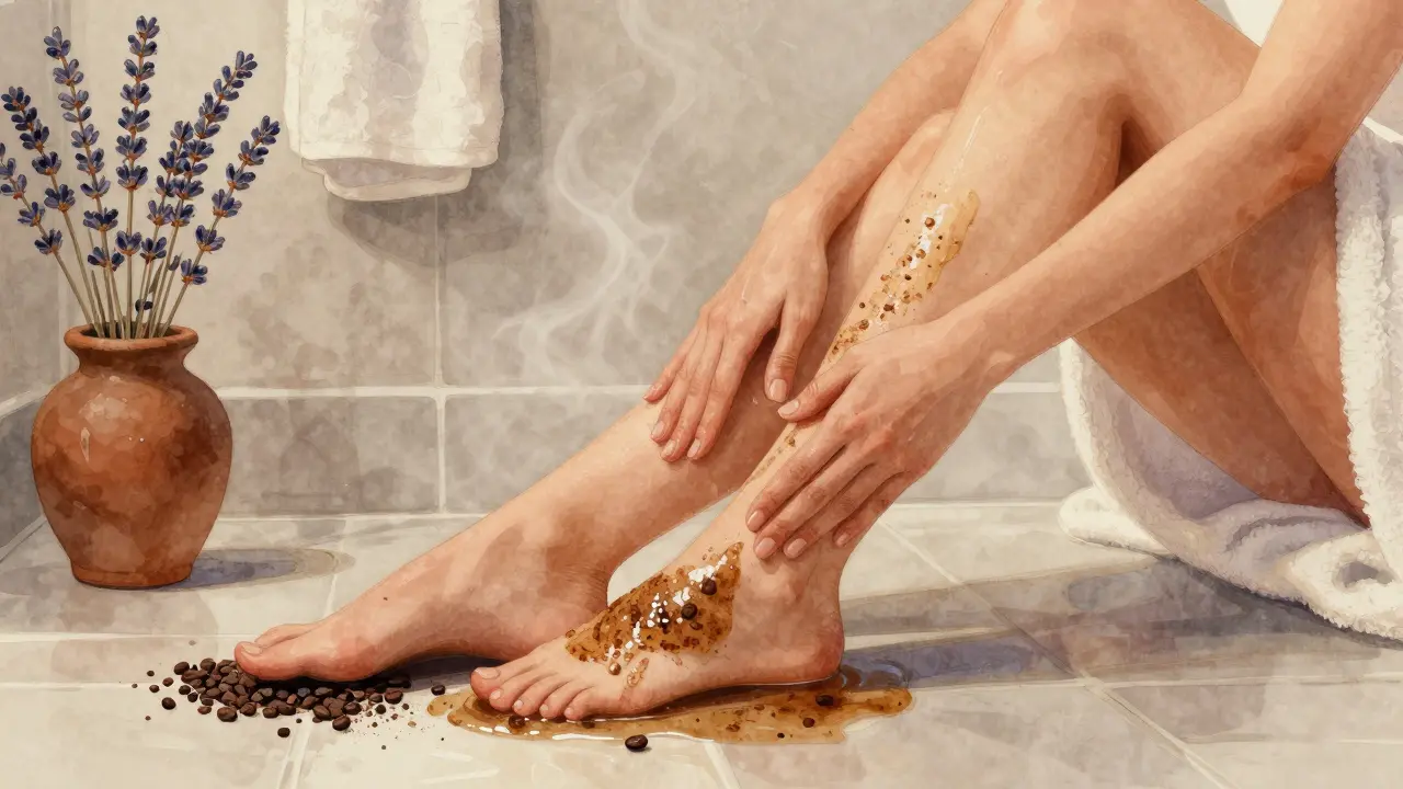 Žena masíruje kávový peeling na nohou ve vaně s teplým světlem