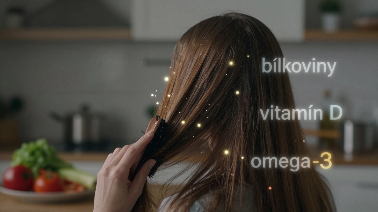 Žena se lesklými vlasy, kolem ní plavou vitamíny a živiny jako světelné částice