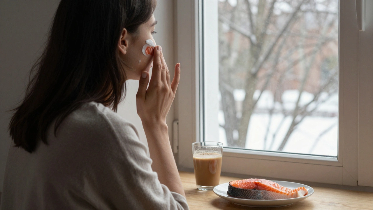 Žena si nanesla korekci se SPF a vedle ní je káva s práškem kolagenu a losos s kůží.