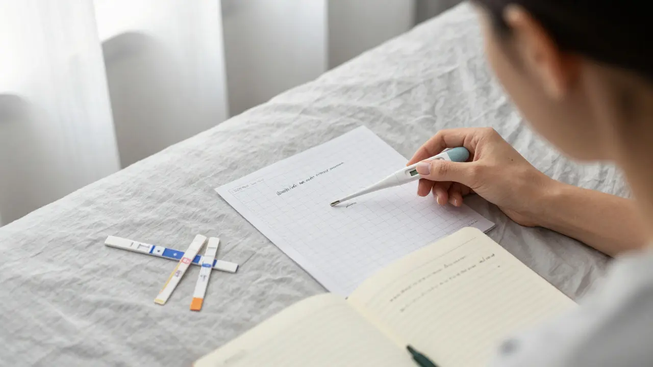 Žena sleduje teplotu těla a ovulaci v deníku po vysazení antikoncepce.