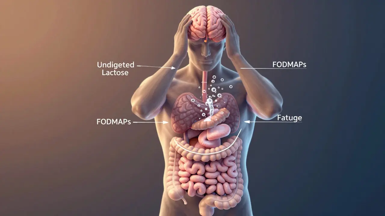 Zjednodušený obrázek trávicího systému s fermentací nezpracovaných sacharidů a vlivem na mozek.