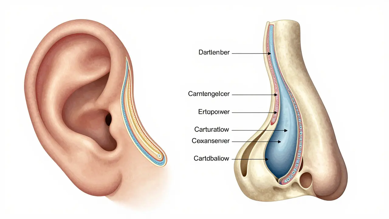 Anatomická ilustrace chrupavky ucha a nosu v porovnání s kostí, ukazující pomalý růst v čase.