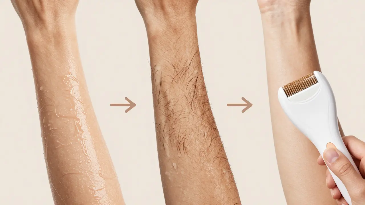 Časová osa přípravy na epilaci: mokrá kůže → ořezané vlasy → čistá, suchá kůže.
