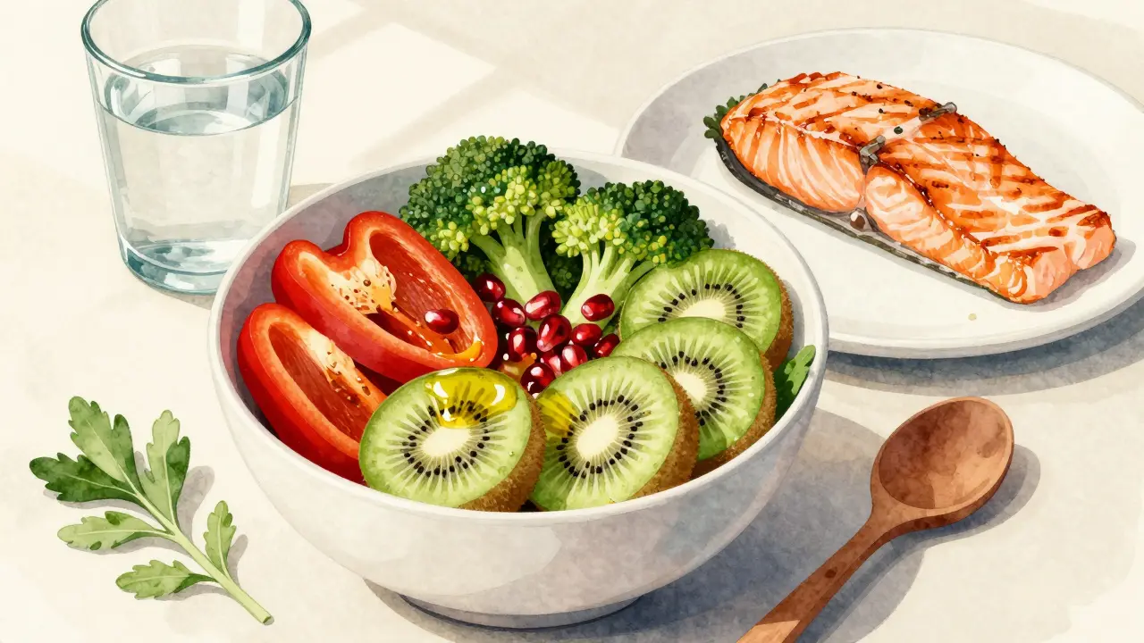 Čerstvá saláta s paprikou, brokolicí, kiwi a lososem na dřevěné desce s olivovým olejem.