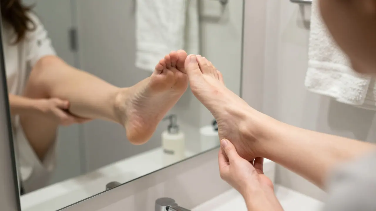 Člověk si prohlíží nohu v zrcadle, kde je malá nebarvená skvrna mezi prsty, symbolizující neviditelné nebezpečí.