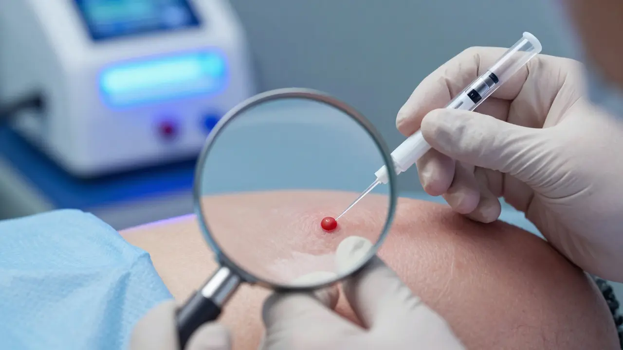 Dermatolog podává injekci do podkožní akné za sterilních podmínek.