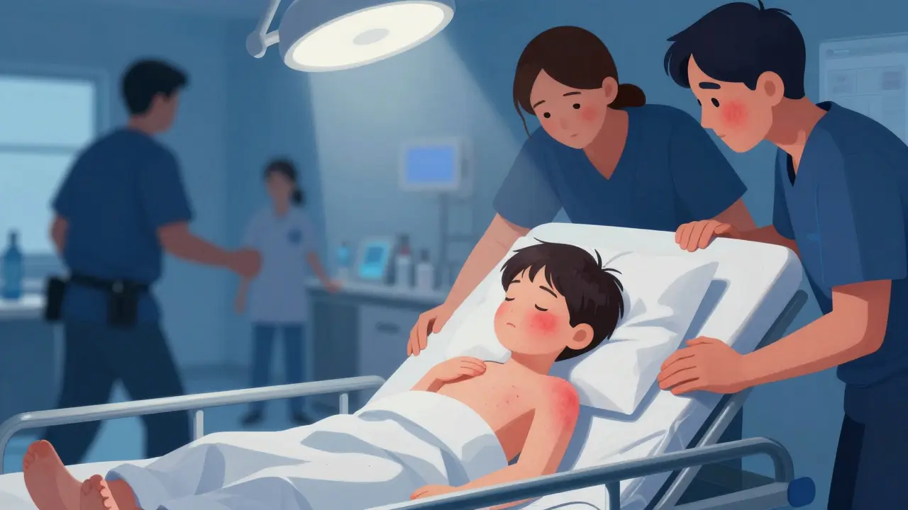 Dítě s nevymizitelnou vyrážkou na nemocném vozíku, rodiče a záchranáři v pozadí.