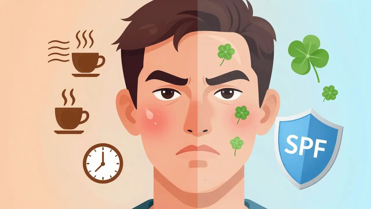 Dvě poloviny obličeje: jedna červená a podrážděná, druhá klidná a hojící se.